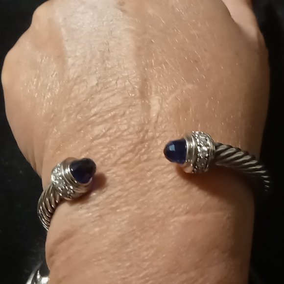 Twisted cable cuff sterling bracelet with blue sapphire gems & pave cz - Picture 1 of 12